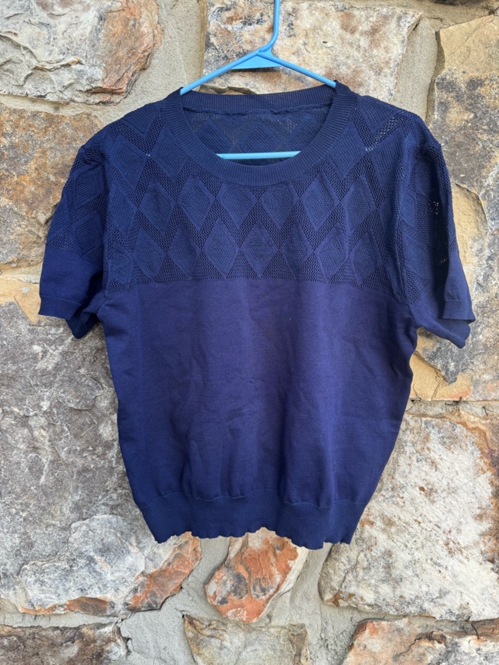 Navy Short-Sleeve Knit Sweater with Diamond Pattern Large Capsule Office Neutral
